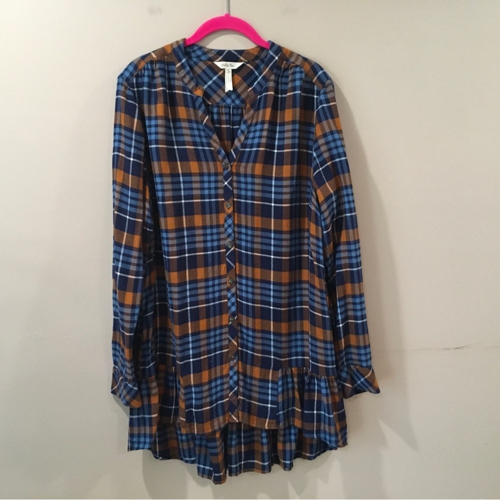 Matilda Jane Plaid Flannel Button Down Tunic Top Blue Orange Women Medium